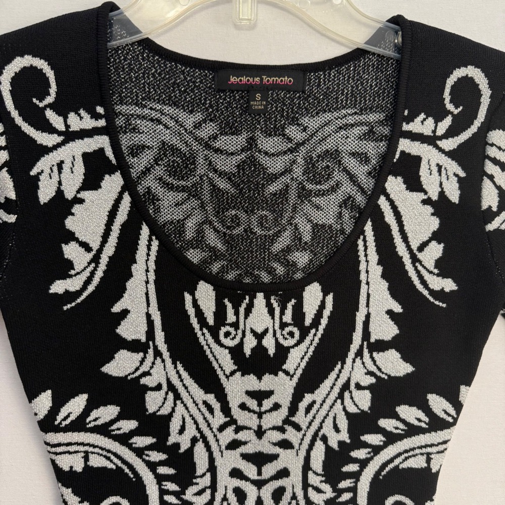 Jealous Tomato Black Silver Damask‎ Bodycon Knit Short Sleeve Dress S